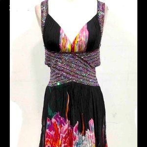 Jovani Silk Long Dress Gown Black Floral Embellished Formal Sleeveless Open Back